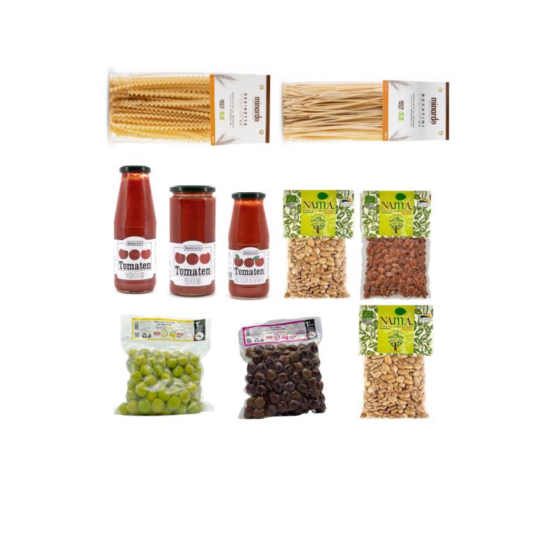  - Sicilia Degupaket: 3 Sugo, 2 Pasta, 2 Oliven, 3 Mandeln